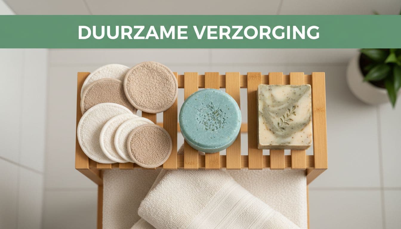 Top-down composition of reusable cotton makeup remover pads, solid shampoo bar, and natural soap on a bamboo shelf in a serene bathroom with soft towels nearby, featuring bold 'Duurzame Verzorging' headline on green band.