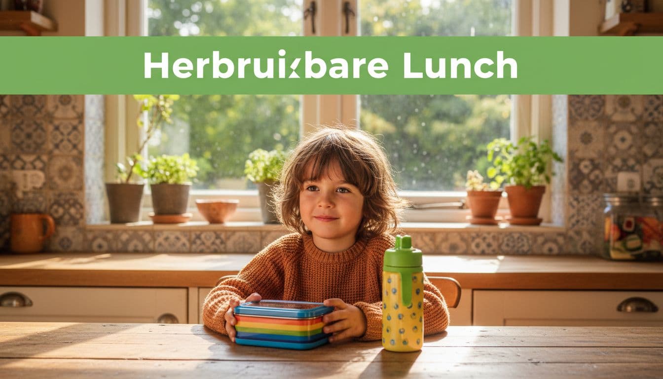 A young child aged 5-7 sits relaxed at a wooden kitchen table holding a colorful stainless steel lunchbox and leak-proof drink bottle, in a cozy home kitchen with warm window light, featuring bold 'Herbruikbare Lunch' headline on green band.