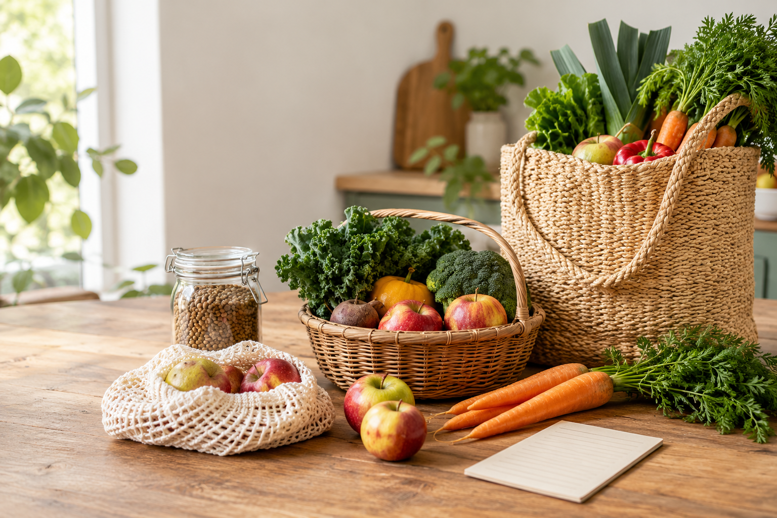 Duurzame boodschappen met verse seizoensgroenten en fruit, herbruikbare tasjes en een voorraadpot op een houten tafel.